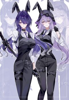 2girls acheron_(honkai:_star_rail) alternate_costume animal_ears belt black_hood black_pants black_swan_(honkai:_star_rail) black_vest breasts collared_shirt commentary fake_animal_ears feet_out_of_frame hair_over_one_eye highres holding holding_string holding_sword holding_weapon honkai:_star_rail honkai_(series) hood hood_up katana large_breasts long_hair long_sleeves looking_at_viewer multiple_girls necktie nukoxx_02 pants purple_eyes purple_hair purple_necktie rabbit_ears sheath sheathed shirt smile standing string sword thigh_belt thigh_strap twitter_username very_long_hair vest weapon white_shirt zoom_layer