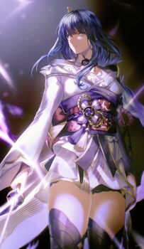 1girl absurdres armor back_bow blunt_bangs blurry bow braid bridal_gauntlets closed_mouth commentary depth_of_field genshin_impact gradient_hair hair_ornament highres holding holding_sword holding_weapon japanese_clothes kankitsurui_(house_of_citrus) kimono lingerie long_braid long_hair looking_down looking_to_the_side mole mole_under_eye multicolored_hair musou_isshin_(genshin_impact) neck_ribbon off_shoulder purple_eyes purple_kimono purple_thighhighs raiden_shogun red_ribbon red_sash ribbon sash shade shadow shoulder_armor single_braid solo sword thighhighs thighs underwear upper_body weapon wide_sleeves