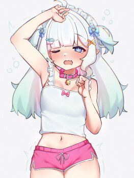 1girl absurdres ahoge bell blue_bow blue_eyes blush bow breasts camisole cat_girl collar densetsu.exe dolphin_shorts frilled_camisole frilled_straps frills gradient_hair green_hair hair_bow hair_ornament highres jahe_png long_hair maid_headdress mint_fantome mint_fantome_(otaku) multicolored_hair navel neck_bell open_mouth pink_collar pink_shorts pointy_ears shorts small_breasts solo thighs virtual_youtuber white_camisole white_hair x_hair_ornament