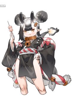 1girl :t bell black_dress black_hair breasts commentary double_bun dragon dragon_girl dragon_horns dragon_tail dress eastern_dragon english_commentary food food_request gradient_hair hair_between_horns hair_bun hair_ornament hand_on_own_hip holding holding_food horns light_blush long_sleeves multicolored_hair original pelvic_curtain pointy_ears rope shimenawa simple_background small_breasts solo tail white_hair wide_sleeves yellow_eyes zetsuental