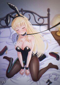 1girl absurdres animal_ears bare_shoulders bdsm bed bed_sheet black_hairband black_leotard black_pantyhose blonde_hair blush bondage bound bound_wrists braid breasts cleavage closed_eyes closed_mouth collar collarbone commentary_request controller covered_navel cuffs detached_collar facing_viewer fake_animal_ears full_body hairband heaven_burns_red high_heels highres holding holding_controller holding_remote_control indoors lamp large_breasts leash leotard long_hair on_bed pantyhose pillow playboy_bunny ponytail rabbit_ears raised_eyebrows remote_control restrained shackles shoes sidelocks single_bare_shoulder sitting sizmaru11 solo strapless strapless_leotard sweat tears thighband_pantyhose toujou_tsukasa trembling unworn_shoes very_long_hair viewer_holding_leash wariza white_wrist_cuffs wrist_cuffs
