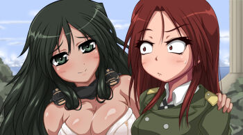 Rule 34 | 2girls, aged up, black hair, blush, breasts, brown eyes, brown hair, cleavage, commentary, fang, francesca lucchini, green eyes, hand on shoulder, long hair, military, military uniform, minna-dietlinde wilcke, monizumi ishikawa, multiple girls, saitou chiwa, strike witches, surprised, sweatdrop, voice actor connection, world witches series