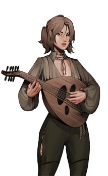 1girl abigail_(ballads_at_midnight) arrapso ballads_at_midnight blouse breasts brown_hair cleavage instrument jewelry looking_at_viewer lute_(instrument) music necklace non-web_source official_art one_side_up open_clothes open_shirt pants playing_instrument shirt shirt_tucked_in smirk solo torn_clothes torn_pants