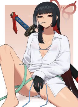 Rule 34 | alternate hairstyle, black hair, button shirt, cigarette, gloves, hand on crotch, highres, hime cut, k3nnyn3v, limbus company, long hair, looking at viewer, project moon, red eyes, ryoshu (project moon), smoke, sword, unbuttoned, unbuttoned shirt, weapon