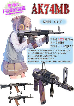 1girl ak-74 ak-74m ak-74mb assault_rifle blue_eyes brown_hair bullpup chart daito ear_covers ear_protection earmuffs english_text folding_stock gun hair_ornament hiragana information_sheet japanese_text kalashnikov_rifle katakana long_gun magazine_(weapon) mixed-language_text ooo_ntf_medium original prototype_design rifle stock_(firearm) text_focus transforming_weapon translation_request vertical_forward_grip weapon weapon_focus weapon_name weapon_profile weird_guns_of_the_world