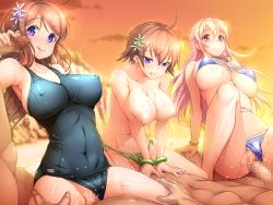 3girls ahoge ajishio armpits beach bikini bikini_bottom_aside blonde_hair blush breasts breasts_squeezed_together brown_hair censored clothed_female_nude_male clothing_aside covered_erect_nipples covered_navel cowgirl_position embarrassed evening game_cg girl_on_top groin group_sex hair_between_eyes handjob kagurazaka_sakura large_breasts legs long_hair lying mosaic_censoring multiple_girls nipples nude orange_eyes original outdoors penis purple_eyes pussy sex short_hair sky straddling string_bikini swimsuit swimsuit_aside thighs topless_female vaginal venus_resort_kyonyuu_rankou_island