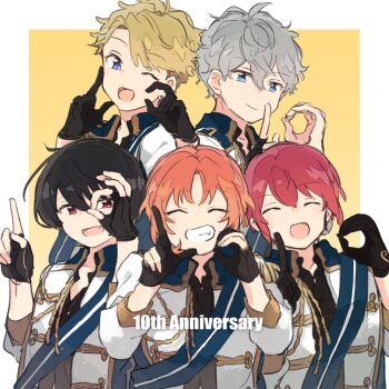 5boys :d aiguillette anniversary black_gloves black_hair black_shirt blonde_hair blue_eyes border closed_eyes earrings ensemble_stars! fang fingerless_gloves gloves grey_hair idol idol_clothes jewelry knights_(ensemble_stars!) long_sleeves looking_at_viewer male_focus multiple_boys narukami_arashi one_eye_closed open_mouth orange_hair partially_fingerless_gloves pin purple_eyes red_eyes red_hair sakuma_ritsu sash sena_izumi_(ensemble_stars!) shirt short_hair smile sukekn suou_tsukasa three-quarter_sleeves tsukinaga_leo white_border yellow_background