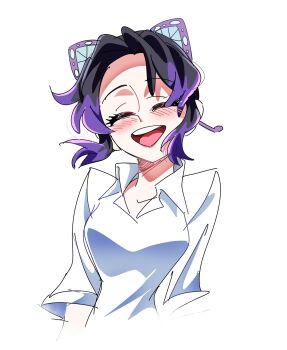 1girl ^_^ black_hair butterfly_hair_ornament closed_eyes commentary facing_viewer gradient_hair hair_ornament highres kimetsu_no_yaiba kochou_shinobu multicolored_hair open_mouth purple_hair shirt short_hair simple_background smile solo soyeonp19 teeth upper_teeth_only white_background white_shirt