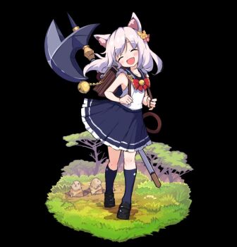 Rule 34 | 1girl, :d, ^ ^, animal ear fluff, animal ears, axe, backpack, bag, bell, black background, black shoes, blue collar, blue skirt, blue socks, blush, breasts, brown bag, cat ears, cat girl, cat tail, closed eyes, collar, collarbone, fang, full body, grass, hair ornament, head tilt, highres, holding, holding axe, holding bag, loafers, long hair, merc storia, merc storia art team, mole (animal), nono (merc storia), official art, open mouth, pleated skirt, randoseru, school uniform, shirt, shoes, sidelocks, simple background, skirt, sleeveless, sleeveless shirt, small breasts, smile, socks, solo, standing, tachi-e, tail, tree, white hair
