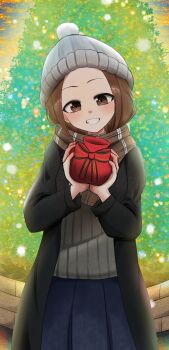 Rule 34 | 1girl, absurdres, black coat, blue skirt, blush, bow, brown hair, christmas, christmas present, christmas tree, coat, commentary, gift, grey hat, grey sweater, grin, hat, highres, holding, holding gift, karakai jouzu no takagi-san, looking at viewer, plaid clothes, plaid scarf, pleated skirt, scarf, skirt, smile, solo, sweater, takagi-san, uekku0 uekku1