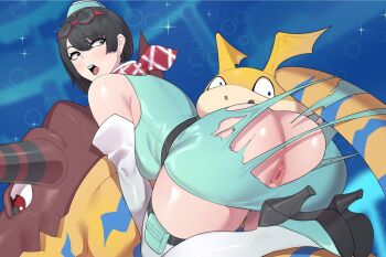 1girl anus armpit_crease ass bare_shoulders black_eyes black_hair breasts digimon digimon_(creature) digimon_story:_time_stranger dinosaur dress from_behind gloves goggles goggles_on_head green_dress green_hat greymon hat high_heels highres large_breasts looking_back maybe_its_mayvi no_panties open_mouth patamon riding short_hair solo_focus surprised torn_clothes torn_dress uncensored white_gloves yuuki_kanan