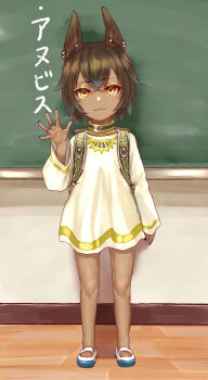 1boy :3 ancient_egyptian_clothes animal_ears anubis_(mythology) backpack bag brown_eyes brown_hair chalkboard child collar crossed_bangs dark-skinned_male dark_skin earrings egyptian_mythology full_body highres introduction jackal_boy jackal_ears jewelry knees male_focus original shoes solo takanoberii uwabaki waving