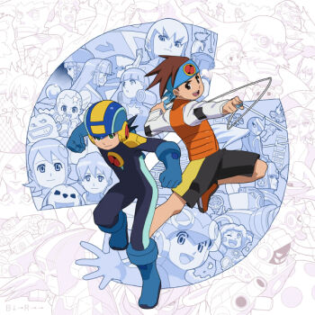 absolutely_everyone arm_cannon bass.exe_(mega_man) battle_chip black_bodysuit black_hair black_shorts blue_bodysuit blue_boots blue_gloves blue_headband blue_helmet bodysuit boots brown_eyes brown_hair chest_jewel clenched_hands cutman.exe eugene_chaud_(mega_man) everyone forehead_jewel full_body gloves gutsman.exe headband helmet iris.exe_(mega_man) jumpsuit lan_hikari_(mega_man) looking_at_another looking_at_viewer may_(nicoseiga_32709921) mayl_sakurai_(mega_man) meddy.exe_(mega_man) mega_man_(character) mega_man_(series) mega_man_battle_network_(series) megaman.exe netnavi official_style old old_man open_mouth orange_jumpsuit orange_shorts orange_vest ponytail protoman.exe roll.exe_(mega_man) shorts smile spiked_hair vest weapon