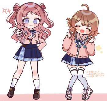 2girls ^_^ blue_overskirt blue_ribbon blue_skirt blush_stickers brown_cardigan brown_hair brown_jacket brown_shoes cardigan clenched_hands closed_eyes commentary_request full_body gakuen_idolmaster hanami_saki hanami_ume hatsuboshi_gakuen_school_uniform highres idolmaster jacket kneehighs loafers long_sleeves looking_at_viewer multiple_girls neck_ribbon pleated_skirt pointing pointing_at_viewer ribbon rurugreen school_uniform shirt shoes siblings sisters skirt smile sneakers socks sparkle thighhighs translation_request white_shirt white_shoes white_socks white_thighhighs zettai_ryouiki