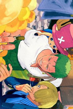 Rule 34 | 3boys, 89gino05, absurdres, antlers, bag, black suit, blonde hair, cigarette, commentary, cross, curly eyebrows, formal clothes, green hair, haramaki, highres, holding, holding cigarette, horns, male focus, multiple boys, one piece, pink hair, reindeer antlers, roronoa zoro, sanji (one piece), shirt, short hair, shoulder bag, smile, striped clothes, striped shirt, suit, tony tony chopper, v-shaped eyebrows, vertical-striped clothes, vertical-striped shirt, white shirt