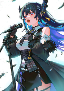 1girl absurdres asymmetrical_horns black_bow black_bowtie black_gloves black_hair black_skirt black_vest blue_hair bow bowtie breasts clothing_cutout collared_shirt colored_inner_hair commentary dress_shirt english_commentary falling_feathers feather-trimmed_sleeves feathers flower fluffycatfish fortissimo gloves hair_ornament highres holding holding_microphone hololive hololive_english horn_flower horns large_breasts long_hair long_sleeves microphone microphone_stand miniskirt mole mole_under_eye multicolored_hair music musical_note musical_note_hair_ornament nerissa_ravencroft nerissa_ravencroft_(1st_costume) open_mouth pencil_skirt purple_eyes ribbed_shirt shirt shoulder_cutout side_slit sidelocks singing skirt solo tassel tassel_hair_ornament underbust uneven_horns very_long_hair vest virtual_youtuber white_background white_shirt