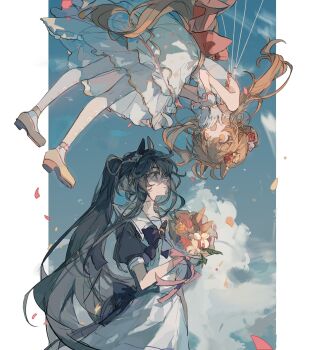 Rule 34 | 2girls, :d, animal ears, bandaid, bandaid on face, bandaid on nose, black hair, blue sky, bouquet, bow, bowtie, cloud, commentary, dress, flower, gloves, hair flower, hair ornament, highres, holding, holding bouquet, horse ears, horse girl, horse tail, long hair, mayano top gun (sunlight bouquet) (umamusume), mayano top gun (umamusume), multiple girls, narita brian (umamusume), open mouth, orange eyes, orange flower, orange hair, outdoors, pantyhose, petals, ponytail, puffy short sleeves, puffy sleeves, purple bow, purple bowtie, purple flower, red flower, sailor collar, school uniform, shoes, short sleeves, skirt, sky, smile, strapless, strapless dress, tail, tracen school uniform, umakrrrr, umamusume, very long hair, wedding dress, white dress, white flower, white gloves, white pantyhose, white sailor collar, white shoes, white skirt