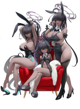3girls age_progression aged_down alternate_breast_size_(larger) alternate_breast_size_(smaller) animal_ears b-pang bare_shoulders black_hair black_leotard blue_archive blush breasts cleavage commentary_request dark-skinned_female dark_skin detached_collar fake_animal_ears halo highleg highleg_leotard highres karin_(blue_archive) karin_(bunny)_(blue_archive) korean_commentary large_breasts leotard long_hair looking_at_viewer multiple_girls multiple_persona open_mouth playboy_bunny rabbit_ears short_hair smile wrist_cuffs yellow_eyes