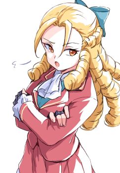 Rule 34 | 1girl, :o, ascot, black gloves, blonde hair, blue bow, bow, crossed arms, drill hair, fingerless gloves, gloves, hair bow, highres, ikaringo (ikaringo4444), jacket, kanzuki karin, long hair, long sleeves, open mouth, puff of air, red eyes, red jacket, red skirt, skirt, solo, street fighter, white ascot, white background