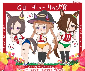 3girls :d air_groove_(umamusume) animal_ears animal_hat black_hat black_thighhighs blue_buruma blush bow braid brown_eyes brown_hair buruma capriccyo chibi closed_mouth commentary_request ear_bow fake_animal_ears flower green_buruma hair_rings hat highres horse_ears horse_girl horse_tail leaning_forward long_hair low_ponytail multicolored_hair multiple_girls no_socks nose_blush open_mouth orange_buruma original_race_uniform_(umamusume) pink_flower ponytail puffy_short_sleeves puffy_sleeves purple_eyes race_bib shirt shoes short_sleeves smile standing sweat sweep_tosho_(umamusume) tail thighhighs translation_request tulip twin_braids twintails twitter_username two-tone_hair umamusume very_long_hair vodka_(umamusume) wavy_mouth white_shirt white_shoes witch_hat yellow_bow yellow_flower