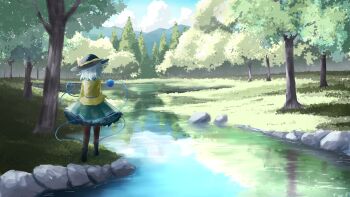 1girl absurdres black_boots black_hat blue_sky boots bow brown_pantyhose cloud commentary_request day eyeball facing_away from_behind green_hair green_skirt hat hat_bow heart heart_of_string highres komeiji_koishi long_sleeves nanahana_nanana outdoors pantyhose scenery shirt skirt sky solo stream third_eye touhou tree walking water yellow_bow yellow_shirt