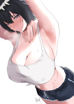 1girl absurdres armpits black_eyes black_hair breasts highres kowloon_generic_romance kujirai_reiko large_breasts looking_at_viewer looking_to_the_side navel short_hair simple_background solo steam steaming_body stomach sweat syyn_(syyndev) white_background