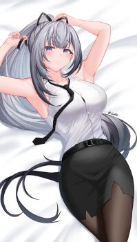 1girl armpits arms_up bare_arms bed_sheet belt black_belt black_necktie black_pantyhose black_ribbon black_skirt breasts collared_shirt girarikyo grey_hair hair_ribbon highres hololive hololive_indonesia large_breasts long_hair looking_at_viewer loose_necktie lying miniskirt necktie official_alternate_costume official_alternate_hairstyle on_back pantyhose parted_lips pencil_skirt ponytail ribbon shirt shirt_tucked_in skirt sleeveless sleeveless_shirt solo very_long_hair vestia_zeta vestia_zeta_(businesswoman) virtual_youtuber white_shirt