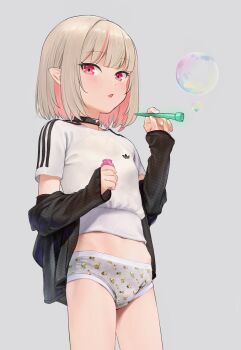 1girl adidas black_choker black_jacket blonde_hair blush bob_cut breasts bubble bubble_pipe choker colored_inner_hair commentary_request cowboy_shot floral_print grey_background grey_panties hand_up highres hip_bones holding jacket long_sleeves looking_at_viewer makaino_ririmu multicolored_hair nijisanji no_pants open_clothes open_jacket open_mouth panties pink_eyes pink_hair pointy_ears print_panties sabamen shirt short_sleeves simple_background small_breasts solo standing streaked_hair two-tone_hair underwear virtual_youtuber white_shirt