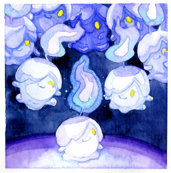 blue_background blue_fire blue_theme border candle candlelight closed_mouth color_contrast commentary cool_colored english_commentary fire fleebites floating full_body gen_5_pokemon half-closed_eye happy litwick nintendo no_humans no_pupils one_eye_covered painting_(medium) pokemon pokemon_(creature) pokemon_focus purple_background purple_fire smile solid_eyes solid_oval_eyes traditional_media watercolor_(medium) white_border yellow_eyes