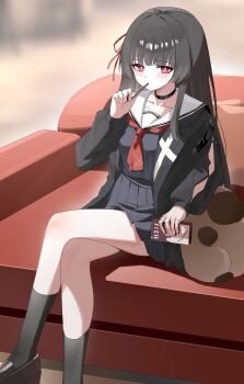 1girl absurdres black_choker black_hair black_jacket black_shirt black_skirt blush breasts bright_pupils chinese_commentary chisa_(wuthering_waves) choker collarbone commentary_request crossed_legs food haibara9223 hair_ribbon highres holding holding_food holding_pocky jacket long_hair long_sleeves looking_at_viewer medium_breasts neckerchief pocky red_eyes red_neckerchief red_ribbon ribbon sailor_collar shirt sitting skirt solo white_pupils white_sailor_collar wuthering_waves