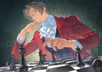 Rule 34 | 1boy, absurdres, ace attorney, ascot, bishop (chess), blazer, chess piece, chessboard, chinese commentary, commentary request, grey eyes, grey hair, hair intakes, hand up, highres, jacket, king (chess), knight (chess), lapels, long sleeves, male focus, miles edgeworth, open clothes, open jacket, pawn (chess), purple vest, red jacket, shen qingming, shirt, short hair, solo, upper body, vest, white ascot, white shirt