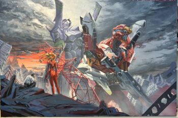 1boy 1girl absurdres acrylic_paint_(medium) black_hair black_pants bodysuit building chinese_commentary cloud commentary_request eva_01 eva_02 evangelion_(mecha) hand_on_own_head highres ikari_shinji lixia_(acrylic_painter) mecha mecha_pilot_suit neon_genesis_evangelion orange_hair orange_sky outdoors painting_(medium) pallet_rifle_(evangelion) pants plugsuit_(evangelion) red_bodysuit robot ruins shirt short_sleeves sky souryuu_asuka_langley super_robot traditional_media transmission_tower white_shirt