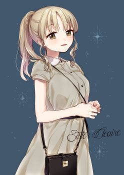 Rule 34 | 1girl, bag, belt, black belt, blue background, blush, breasts, brown eyes, brown shirt, brown skirt, character name, collared shirt, dress shirt, female focus, handbag, head tilt, high ponytail, light brown hair, long hair, looking at viewer, medium breasts, nijisanji, parted bangs, parted lips, ponytail, shirt, shoulder bag, sidelocks, sister claire, sister claire (3rd costume), skirt, smile, solo, virtual youtuber, yamabukiiro