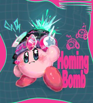 Rule 34 | blue background, bomb kirby, colored skin, commentary request, copy ability, electricity, gem, hand up, homing bomb kirby, kirby, kirby (series), kirby and the forgotten land, m (sypu8828), nintendo, no humans, pink gem, pink skin, satellite, solo