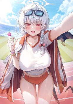 1girl :d ahoge arm_up blue_archive blue_sky blush bow bracelet braid breasts buruma candy cloud day eyewear_on_head food hair_bow halo haruna_(blue_archive) haruna_(track)_(blue_archive) highres holding holding_candy holding_food holding_lollipop jacket jacket_on_shoulders jewelry large_breasts lollipop looking_at_viewer official_alternate_costume open_mouth outdoors red_buruma red_eyes running_track shirt single_wing sky smile solo thighs track_jacket white_hair white_halo white_shirt wings yampa
