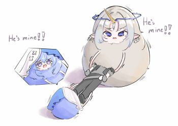 1boy animalization black_jacket black_pants blue_eyes blue_hair blue_veil commentary crown_of_thorns earrings english_text fleurdelys_(wuthering_waves) grey_shirt hair_between_eyes highres horns jacket jewelry male_rover_(wuthering_waves) multiple_earrings obgbegom pants pointy_ears purple_eyes rover_(wuthering_waves) shirt shorekeeper_(wuthering_waves) simple_background single_horn symbol-only_commentary tacet_mark_(wuthering_waves) tearing_up two-tone_veil veil white_background white_veil wuthering_waves yellow_horns