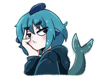 1girl :t blue_eyes blue_hair blue_hoodie blush borrowed_character closed_mouth commentary cropped_torso english_commentary fins fish_tail from_side fuka-chan hair_between_eyes hand_up highres hood hood_down hoodie long_sleeves looking_back original puffy_long_sleeves puffy_sleeves shark_tail short_eyebrows simple_background solo tail theobullet thick_eyebrows upper_body white_background