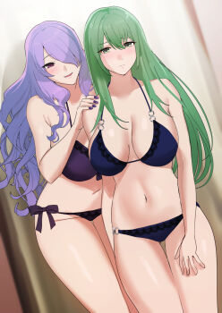 2girls blue_bra blue_panties bra breasts camilla_(fire_emblem) cleavage dutch_angle fire_emblem fire_emblem:_path_of_radiance fire_emblem:_radiant_dawn fire_emblem_fates fitting_room frown gluteal_fold green_eyes green_hair hair_over_one_eye hand_on_another&#039;s_shoulder highres huge_breasts large_breasts long_hair multiple_girls nephenee_(fire_emblem) nervous nintendo oyatsu_0 panties purple_bra purple_hair purple_panties thighs underwear very_long_hair