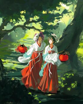 2girls acidiccandles alternate_costume branch closed_eyes closed_mouth commentary double_bun english_commentary forest fox_mask full_body green_hair hair_bun hair_over_shoulder hakama hakama_skirt highres holding holding_lantern japanese_clothes kimono kusuriya_no_hitorigoto lantern long_sleeves maomao_(kusuriya_no_hitorigoto) mask mask_on_head miko multiple_girls multiple_others nature outdoors paper_lantern purple_hair red_hakama shisui_(kusuriya_no_hitorigoto) skirt sleeves_past_fingers sleeves_past_wrists smile tree walking white_kimono wide_sleeves