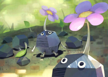 Rule 34 | 6+others, flower, full body, grass, highres, leaf, multiple others, nintendo, no humans, outdoors, pikmin (creature), pikmin (series), pikmin 3, rock, rock pikmin, sitting, suyasuyabi