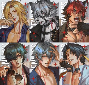 6+boys ahoge animal_ear_fluff animal_ears asaba_harumasa bandaged_hand bandages black_choker black_gloves black_hair black_jacket black_nails blonde_hair blue_eyes blue_shirt body_fur choker collarbone collared_shirt commentary copyright_name crossed_bangs crovius dog_ears ear_piercing earrings english_commentary eyepatch fangs fingerless_gloves fingernails furry furry_male gloves gold_ring green_eyes green_hair grey_eyes grey_hair grin hair_between_eyes hair_over_one_eye hair_over_shoulder hand_on_own_head hand_up headband heterochromia highres holding holding_removed_eyewear hugo_vlad jacket jewelry komano_manato lapels large_pectorals lighter_(zenless_zone_zero) long_hair long_sleeves looking_at_viewer low_ponytail male_focus mole mole_under_eye multicolored_hair multiple_boys muzzle_(mask) nail_polish one_eye_covered open_clothes open_jacket open_mouth open_shirt parted_bangs parted_lips pectoral_cleavage pectorals piercing pointy_ears ponytail red_eyes red_hair red_pupils ring scar scar_across_eye scar_on_chest scar_on_face shirt short_hair sidelocks smile sparkle streaked_hair stud_earrings sunglasses teeth tongue tongue_out two-tone_hair unworn_eyewear upper_body v-shaped_eyebrows von_lycaon wet wet_hair white_fur white_hair white_shirt wise_(zenless_zone_zero) wolf_ears yellow_eyes yellow_headband zenless_zone_zero