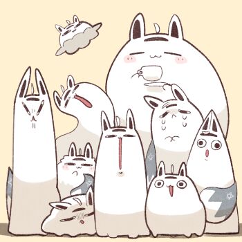 <o>_<o> :< :3 ahoge animal_ears closed_eyes cocomayo29_(tomato) commentary crying cup fox fox_ears fox_tail holding holding_cup hololive korean_commentary miteiru_(shirakami_fubuki) no_humans open_mouth pentagram simple_background tail