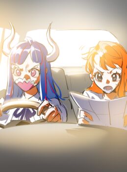 2girls ahoge blue_hair brown_hair car_interior driving hashtag-only_commentary holding holding_map horns indoors long_hair map mask mouth_mask multiple_girls nami_(one_piece) neck_ribbon one_piece open_mouth orange_hair pink_eyes pink_mask raine_(acke2445) ribbon shirt sidelocks sitting sweatdrop ulti_(one_piece) upper_body white_shirt