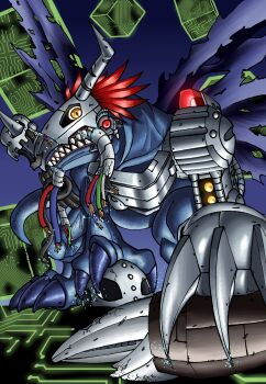 Rule 34 | absurdres, andromon, cyborg, digimon, digimon (creature), dinosaur, highres, laser book, megadramon, metalgreymon (virus), metalmamemon, wings
