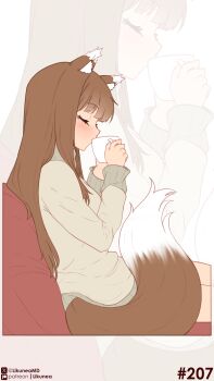 1girl absurdres animal_ears blush brown_hair closed_eyes commentary cup drinking english_commentary highres holding holding_cup holo likunea long_hair patreon_logo patreon_username simple_background sitting solo spice_and_wolf sweater tail twitter_username twitter_x_logo wolf_ears wolf_girl wolf_tail zoom_layer