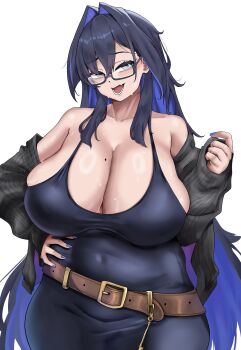 Rule 34 | 1girl, absurdres, belly, black-framed eyewear, black cardigan, black dress, blue eyes, blue hair, blue nails, breasts, cardigan, cleavage, colored inner hair, cosplay, dress, fang, glasses, goddess of victory: nikke, hair intakes, highres, hololive, hololive english, huge breasts, label (nikke), large breasts, long hair, looking at viewer, midriff, mole, mole on breast, multicolored hair, open mouth, ouro kronii, plump, simple background, skin fang, skindentation, smile, solo, sweat, taut clothes, taut dress, thanaphondeech1, two-tone hair, very long hair, virtual youtuber