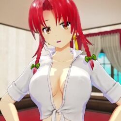 1girl 3d animated areola_slip blurry blurry_background braid breasts brown_eyes curtains earrings hong_meiling indoors jewelry large_breasts long_hair looking_at_viewer mofumoko5 naughty_face no_bra open_clothes open_shirt red_hair seductive_smile smile solo teasing touhou video window