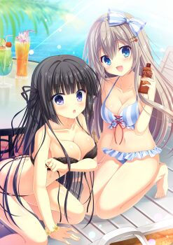 2girls :d :o arm_support arm_under_breasts bare_arms bare_legs bare_shoulders barefoot bendy_straw bikini black_bikini black_hair black_ribbon blue_bikini blue_bow blue_eyes blunt_bangs blurry blush bottle bow bracelet breasts brown_hair chair cherry circus_(studio) cleavage collarbone crazy_straw cup da_capo da_capo_iv day depth_of_field drink drinking_glass drinking_straw flower food food-themed_hair_ornament frilled_bikini frills front-tie_bikini_top front-tie_top fruit grey_hair hair_between_eyes hair_bow hair_ornament hair_ribbon hairband hairclip highres holding holding_bottle ice ice_cube jewelry kneeling large_breasts long_hair looking_at_viewer lotion lotion_bottle lounge_chair medium_breasts multiple_girls navel ocean open_clothes open_mouth outdoors palm_leaf purple_eyes ribbon sagisawa_arisu sidelocks smile striped_bikini striped_bow striped_clothes sunlight sunscreen swimsuit table takano_yuki_(allegro_mistic) tanihara_natsuki tokisaka_nino tropical_drink untied_bikini vertical-striped_bikini vertical-striped_clothes very_long_hair water
