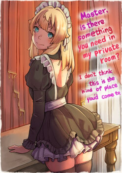 1boy ass black_dress blonde_hair blue_eyes bridget_(guilty_gear) closed_mouth commentary curtains dress english_text frilled_dress frills from_behind guilty_gear hand_rest highres juliet_sleeves long_sleeves looking_at_viewer maid maid_headdress medium_hair puffy_sleeves smile solo sugajyun untranslatable_commentary table talking trap turning_head