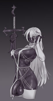 1girl bottomless breasts cum cumdrip dark-skinned_female dark_elf dark_skin elf flaccid full-package_futanari futanari gauntlets grey_background greyscale hand_on_own_face heart highres large_breasts large_penis large_testicles looking_at_viewer monochrome original panzermeido penis pointy_ears single_gauntlet testicles thighhighs white_thighhighs